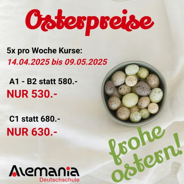 🌷💐🌼 SPARE CHF 50,- 🐰🐇🪺
Wir haben tolle Spezialpreise zu Ostern 🐰🐇🪺🌷🪻 
🌷🪻 Jetzt schnell buchen und von unseren Osterpreisen profitieren.
Wer findet die Spezialpreise zuerst? 🐰🐇🪺

🌷💐💐🌼🌼dein Alemania Team

📚👌🤓🎓Lerne schnell, effizient und mit Spass die deutsche Sprache. Konversation & Grammatik sind die Grundlage um Deutsch zu lesen, hören, verstehen und zu schreiben.

NUTZE DEINE VORTEILE & BUCHE JETZT DIREKT ONLINE:
❤️ GRATIS EINSTUFUNGSTEST
❤️ GRATIS PROBELEKTION
❤️ BESTIMME DEINE ZAHLUNG SELBST | IN 1 - 3 RATEN ZAHLEN

❤️ fast 20 Jahre Erfahrung und 100 DaF-Lehrer:innen. Alemania ist die beste Wahl wenn es um Deutsch geht.

Mehr Informationen über die Alemania:
📧 zuerich@alemania.ch
☎️ +41 (0) 44 300 33 44
🚩 Badenerstrasse 333 | 8003 Zürich

📧 luzern@alemania.ch
☎️ +41 (0) 41 202 11 11
🚩 Pilatusstrasse 20 | 6003 Luzern

📧 bern@alemania.ch
☎️ +41 (0) 31 332 31 31
🚩 Belpstrasse 48 | 3007 Bern

#Sprachschule #sprachkurse für #DEUTSCH
#learngerman #sprachschule #deutschkurs #germanlessons #germanclasses #lernen #vokabelnlernen #aprenderaleman #alemanfacil #learngerman #germancourse #germanschool #escoladealemão #cursodealemão #aprendendoalemão #aulasdealemão #aprenderaleman #alemanfacil #telc #escoladealemão #cursodealemão #aprendendoalemão #aulasdealemão #germanlanguagecenter
