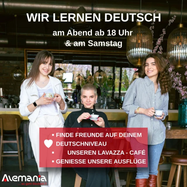 ❤📚Deutsch lernen am Samstag oder abends? Perfekt, um nicht nur Grammatik, sondern auch neue Freunde zu finden! 💬🤝

Melde dich Jetzt an! 

📚👌🤓🎓Lerne schnell, effizient und mit Spass die deutsche Sprache. Konversation & Grammatik sind die Grundlage um Deutsch zu lesen, hören, verstehen und zu schreiben.

NUTZE DEINE VORTEILE & BUCHE JETZT DIREKT ONLINE:
❤️ GRATIS EINSTUFUNGSTEST
❤️ GRATIS PROBELEKTION
❤️ BESTIMME DEINE ZAHLUNG SELBST | IN 1 - 3 RATEN ZAHLEN

❤️ fast 20 Jahre Erfahrung und 100 DaF-Lehrer:innen. Alemania ist die beste Wahl wenn es um Deutsch geht.

Mehr Informationen über die Alemania:
📧 zuerich@alemania.ch
☎️ +41 (0) 44 300 33 44
🚩 Badenerstrasse 333 | 8003 Zürich

📧 luzern@alemania.ch
☎️ +41 (0) 41 202 11 11
🚩 Pilatusstrasse 20 | 6003 Luzern

📧 bern@alemania.ch
☎️ +41 (0) 31 332 31 31
🚩 Belpstrasse 48 | 3007 Bern

#Sprachschule #sprachkurse für #DEUTSCH
#learngerman #sprachschule #deutschkurs #germanlessons #germanclasses #lernen #vokabelnlernen #aprenderaleman #alemanfacil #learngerman #germancourse #germanschool #escoladealemão #cursodealemão #aprendendoalemão #aulasdealemão #aprenderaleman #alemanfacil #telc #escoladealemão #cursodealemão #aprendendoalemão #aulasdealemão #germanlanguagecenter